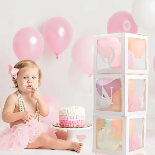 Vista 5 de Decoraciones de Primer Cumpleaños Para Niño o Niña, 3 Piezas Cajas de Globos ONE Para 1er Cumpleaños, Bloques Transparentes Para Bebé Decoración