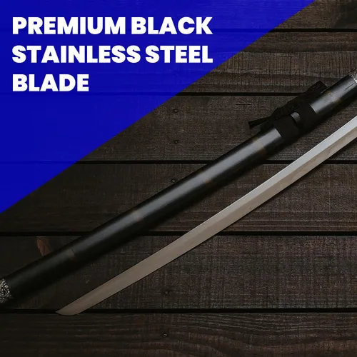 Vista 3 de SZCO Espada samurái de dragón de medianoche, aspecto de espada real de espiga completa de 39.5 pulgadas con hoja de acero inoxidable negro, vaina