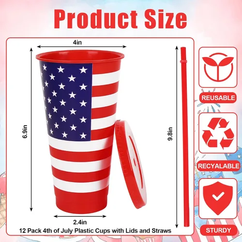 Vista 2 de JarThenaAMCS 12 piezas de vasos de plástico patrióticos con tapa con pajita 4 de julio, vaso para bebidas frías con bandera americana roja, azul