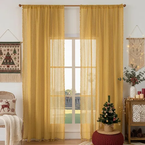 Vista 15 de WAZZIO Cortinas de Encaje, Cortina Boho de Crochet para Dormitorio, Cortinas de Café de Algodón, 45 Pulgadas de Largo, 2 Paneles con Bolsillo