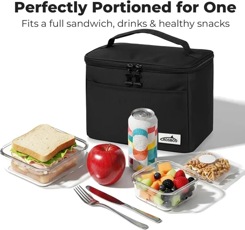 Vista 6 de Aosbos - Lonchera térmica negra para mujeres y hombres, pequeña bolsa térmica Se adapta a 6 latas de soda, 100% a prueba de fugas, diseño térmico