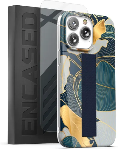 Vista 9 de ENCASED Funda con correa de bucle, compatible con iPhone 14 PRO MAX (2022) con protector de pantalla, mármol negro y dorado