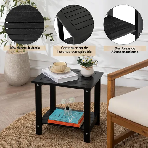 Vista 5 de Mesa de acento Adirondack negra para exteriores – Mesa auxiliar de madera de acacia resistente a la intemperie con almacenamiento doble, pequeña