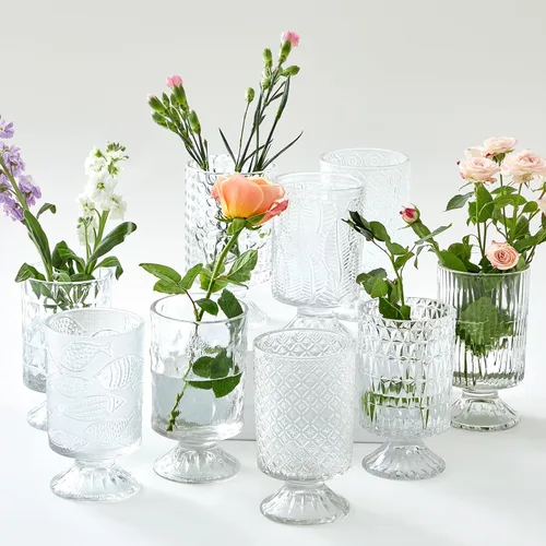 Vista 7 de Juego de 9 jarrones de cristal en relieve para centros de mesa, botella transparente de vidrio hidropónico para el hogar, oficina, boda, comedor