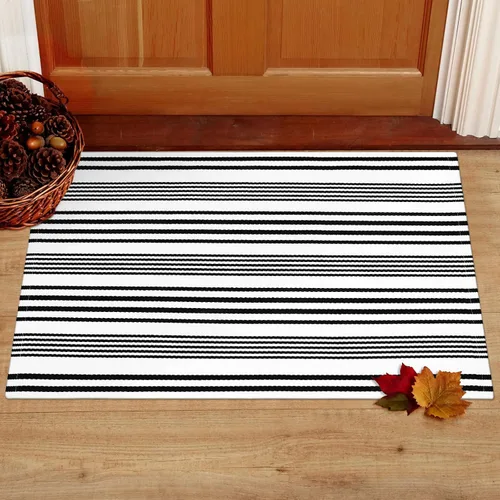 Vista 9 de Alfombra de exterior a rayas blancas y negras, 2 x 3 pies, de algodón, moderna, tejida a mano, reversible, para porche, puerta de bienvenida