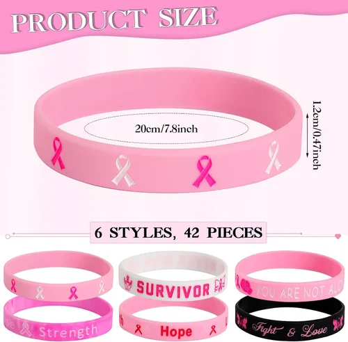 Vista 2 de JUNEBRUSHS 42 piezas de accesorios de concientización sobre el cáncer de mama, pulseras de silicona Esperanza Fe Fuerza Coraje, pulseras accesorios