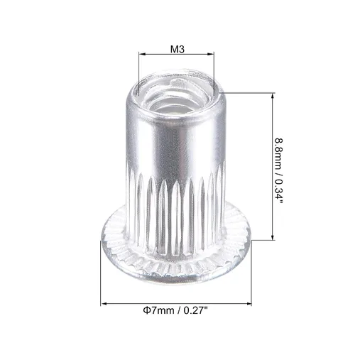 Vista 2 de uxcell Tuercas de remache M3 aleación de aluminio moleteado cabeza plana roscada tuerca de inserción plateada 50pcs