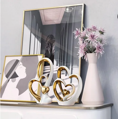 Vista 2 de APLUSH Decoración de estatua de doble corazón de porcelana, escultura de artista moderna, decoración del hogar para sala de estar, gabinete de vino
