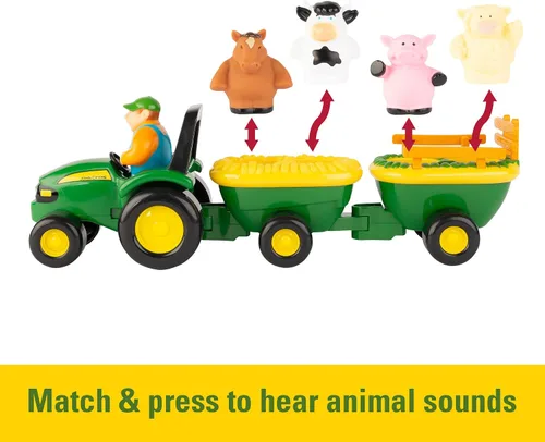 Vista 2 de TOMY John Deere Animal Sounds Hayride Juguete Musical de Tractor - Juguetes Musicales de Paseo en Carro de Heno para Niños Pequeños - Incluye Figura