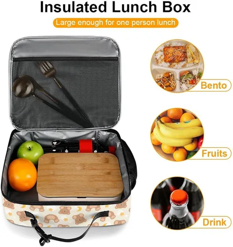 Vista 6 de Lonchera reutilizable con diseño de osos de peluche de color marrón, bolsa térmica con aislamiento, lonchera para comida y comida, bolsa de mano