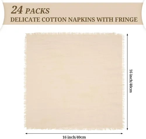 Vista 3 de 24 servilletas de tela hechas a mano con flecos beige, 16 x 16 pulgadas, delicadas servilletas de algodón rústico a granel para bodas, cenas, fiestas