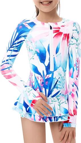 Vista 2 de Rashguard de manga larga para niñas, traje de baño de una pieza con protección UV