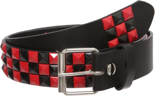 Vista 8 de Cinturón de piel con tachuelas Snap On, estilo punk, con estrella y pirámide, diseño de cuadros a cuadros Negro/Blanco