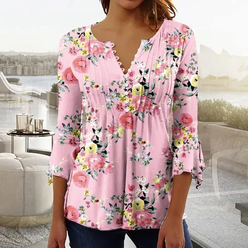Vista 44 de Ceboyel Blusa tipo túnica con estampado floral para mujer, con botones, estilo Henley, con manga de codo, casual, trajes de moda para mujer