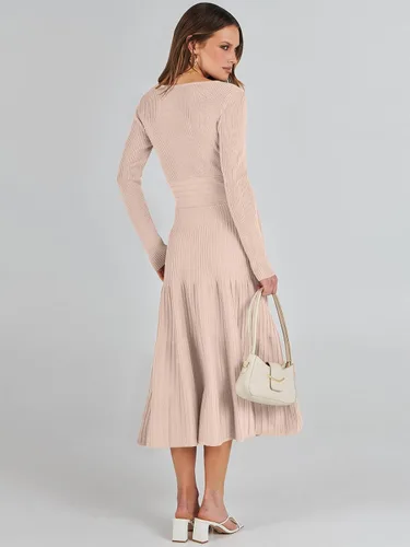 Vista 6 de ANRABESS Vestido midi cruzado tipo suéter para mujer, manga larga, cuello en V, cintura alta, acanalado, plisado, vestido acampanado