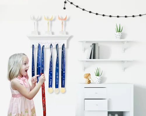 Vista 2 de Premium Trophy Shelf and Medal Hanger Featuring Solid Wooden and Sturdy Ribbon Hooks. Wall Mount Medal Holder Display Gymnastics, Soccer, Running
