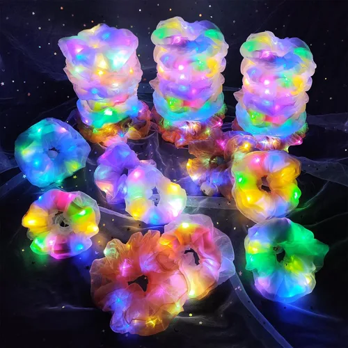 Vista 13 de Scrunchies LED, 18 piezas multicolor que brillan en la oscuridad suministros de fiesta, recuerdo de fiesta de neón, accesorios de festival rave