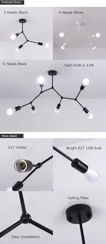 Vista 2 de Lámpara de techo moderna con múltiples cabezales, lámpara de techo LED, lámpara de techo retro industrial con personalidad compatible con luces