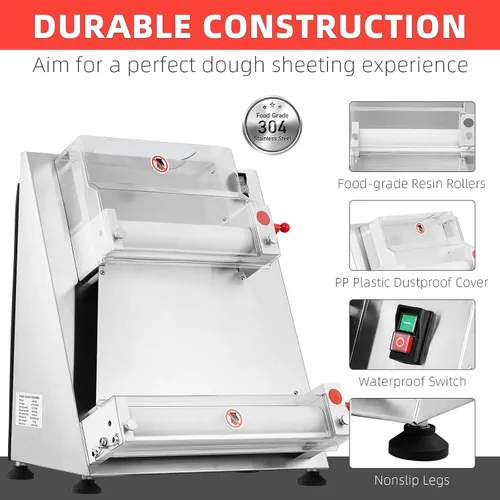 Vista 4 de Towallmark - Rodillo de masa de pizza comercial, máximo 16 pulgadas, rodillo eléctrico automático de masa de pizza de 370 W, acero inoxidable