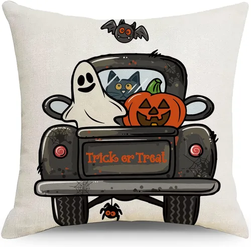Vista 5 de MOJUN Juego de 4 fundas de almohada de Halloween de 18 x 18 pulgadas, fundas de almohada decorativas para sofá, sillón, casa rural, fiesta de Fundas
