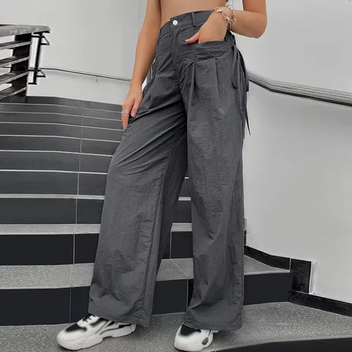 Vista 2 de Women Fashion Y2k Cargo Pants,Womens Summer Button Waist Trousers Casual Lace Up Sweatpants Street Trend Straight Pants