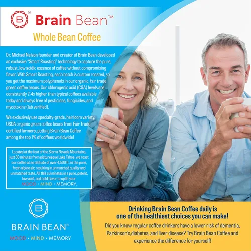 Vista 2 de Café orgánico Brain Bean – Sabor suave y tostado medio rico – Alto contenido de antioxidantes y certificado orgánico USDA para el apoyo cognitivo