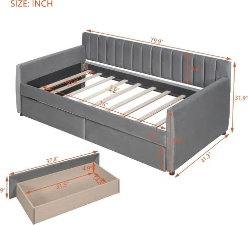 Vista 2 de SOFTSEA Sofá cama doble tapizado con cajones, sofá cama de terciopelo con listones de madera, soporte para dormitorio, sala de estar, no necesita
