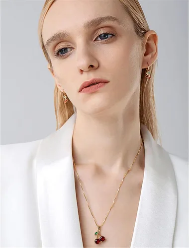 Vista 2 de ONLYJUMP Collar personalizado con colgante de fruta de cerezo de cristal rojo para mujeres y niñas creativo lindo verano tropical fruta cereza cesta