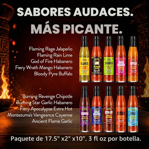 Vista 4 de Set de regalo de variedad de salsa picante estilo mexicano Aztecs Revenge - 10 botellas de salsa picante