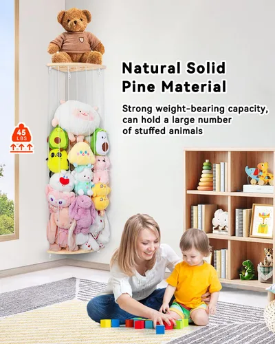 Vista 4 de Red de Almacenamiento de Animales de Peluche de Esquina - Organizador de Animales de Peluche de Madera de Altura Ajustable - Soporte de Felpa
