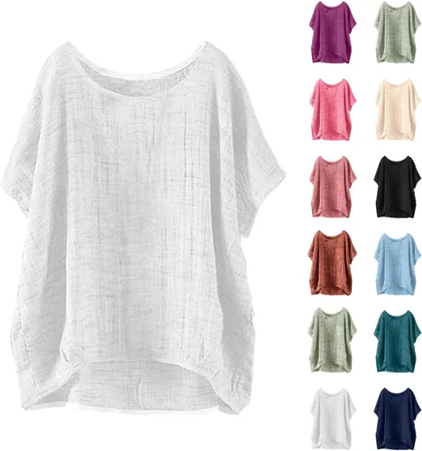 Vista 8 de Nantdog Summer Tops for Women 2025 Short Sleeve Crew Neck Linen Cotton Shirts Plus Size Gauze Casual Dressy Blouse Outfits