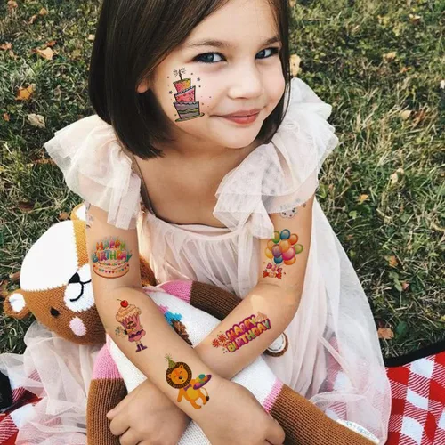 Vista 3 de CHARLENT Tatuajes de feliz cumpleaños – 14 hojas de tatuajes temporales para niños, niñas, recuerdos de fiesta y rellenos de bolsas de golosinas