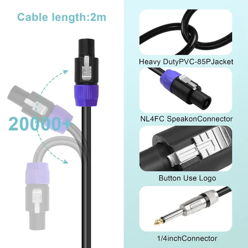 Vista 3 de Cable de altavoz Speakon a 1/4 TS, NL2FC de 2 pines Speakon macho a 0.250 in (1/4 pulgadas) mono macho amplificador de audio cable de altavoz