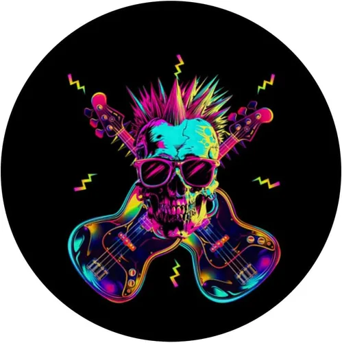 Vista 3 de Streetwear Synthwave 80s 90s skull rock music bass guitar PopSockets Adhesive PopGrip