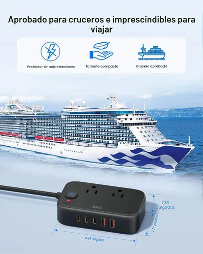 Vista 4 de Regleta de alimentación de viaje, estación de carga USB rápida de 65 W, cargador USB 7 en 1 máximo con 2 tomas, 3 USB C y 2 USB A, cable