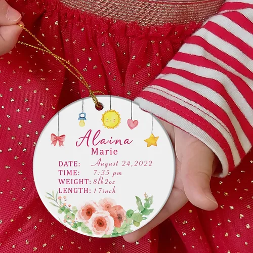Vista 3 de Adorno personalizado de primera Navidad para bebé con nombre, personaliza la fecha de nacimiento de tu bebé, hora de nacimiento, peso y altura, bebé