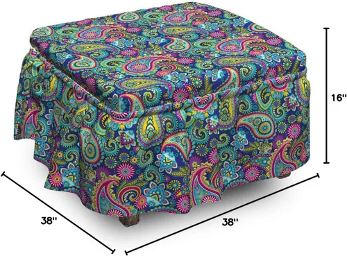 Vista 7 de Ambesonne Funda otomana de cachemira, bohem colorido, juego de fundas de 2 piezas con falda con volantes para reposapiés cuadrado redondo cúbico