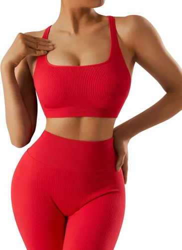 Vista 4 de RXRXCOCO Conjuntos de entrenamiento acanalados para mujer, 2 piezas, sin espalda, brasier deportivo con tirantes, leggings a juego, conjunto de yoga