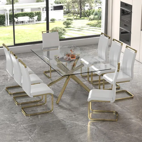 Vista 28 de Juego de 6 mesas de comedor de cristal, moderno juego de mesa de comedor de vidrio templado rectangular transparente de 71 pulgadas y 6 sillas