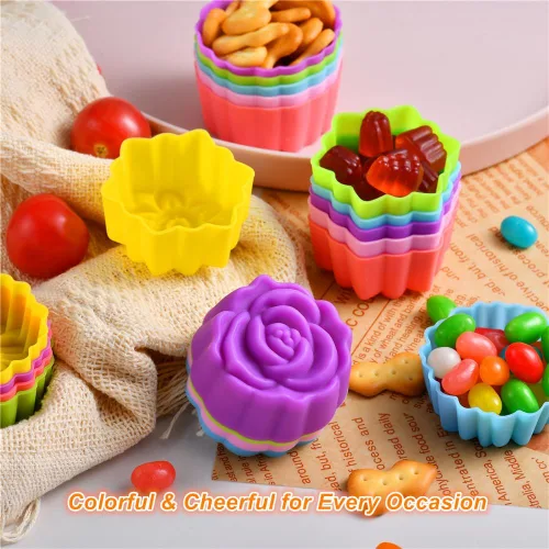 Vista 5 de Vasos de silicona reutilizables para hornear, forros de silicona de tamaño mini de 2 pulgadas para hornear, forros de muffins con múltiples formas