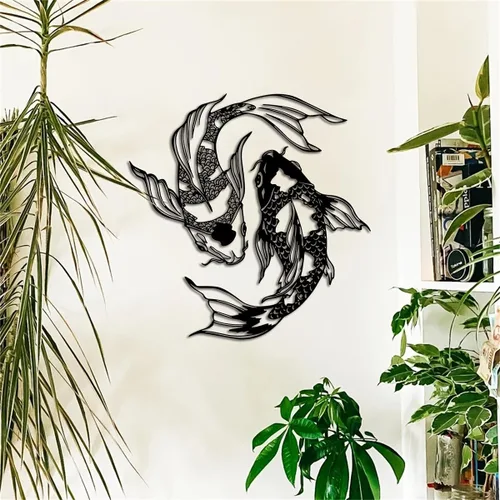 Vista 2 de YBLCOZYC 2 piezas de arte de pared de pez koi, escultura de pescado de Feng Shui de metal, adorno colgante para interiores y exteriores, con regalo