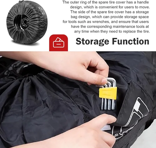 Vista 3 de Cubierta para neumático de repuesto para automóvil, protector de rueda impermeable antiarañazos con bolsa de herramientas lateral y asa, bolsa