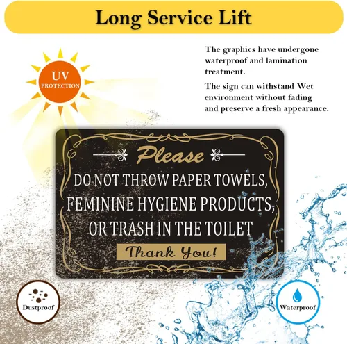 Vista 4 de Paquete de 2 toallas de papel con texto en inglés "Do Not Throw Paper", productos de higiene femenina o basura en el inodoro, letrero autoadhesivo
