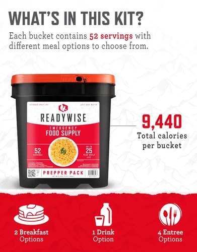 Vista 4 de ReadyWise Prepper Pack Cubo – 52 porciones de suministro de alimentos de emergencia, kit de supervivencia, comidas con proteínas, alimentos