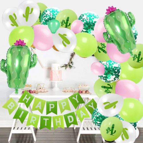 Vista 6 de Decoraciones de fiesta de cactus suculenta para fiesta de cumpleaños con globos de cactus, guirnalda, arco de plantas, globos de aluminio