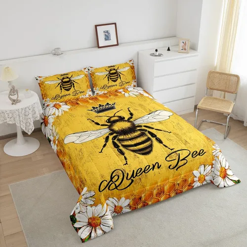 Vista 3 de Erosebridal Juego de edredón vintage de abeja para mujer, juego de ropa de cama rústica de margaritas tamaño individual, relleno de edredón de abeja