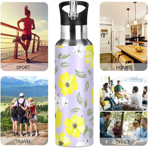 Vista 5 de White Yellow Flowers Violet Stainless Steel Water Bottle 32 Oz Leakproof Water Bottles, BPA-Free Sports Water Bottle with Straw