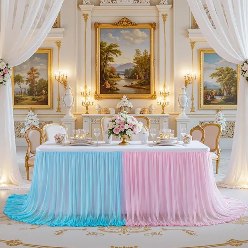 Vista 4 de Falda de mesa de revelación de género, falda tutú de tul rosa y azul de 9 pies para revelación de género para niños o niñas, fiesta de cumpleaños