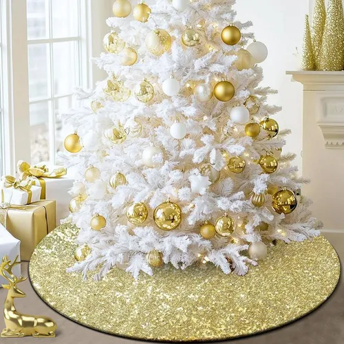 Vista 7 de Falda de lentejuelas para árbol de Navidad, 48 pulgadas, doble capa, para bodas y fiestas Dorado