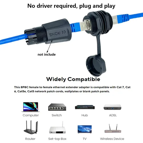 Vista 4 de PENGLIN 2 acopladores Ethernet CAT7 impermeables, conectores blindados RJ45 para montaje en panel para cable LAN Cat5e/Cat6/Cat7, extensor de red